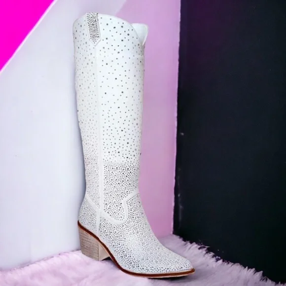 Pierre Dumas White Faux Suede Rhinestone Embellished Tall Western Cowboy Boots - Picture 5 of 5